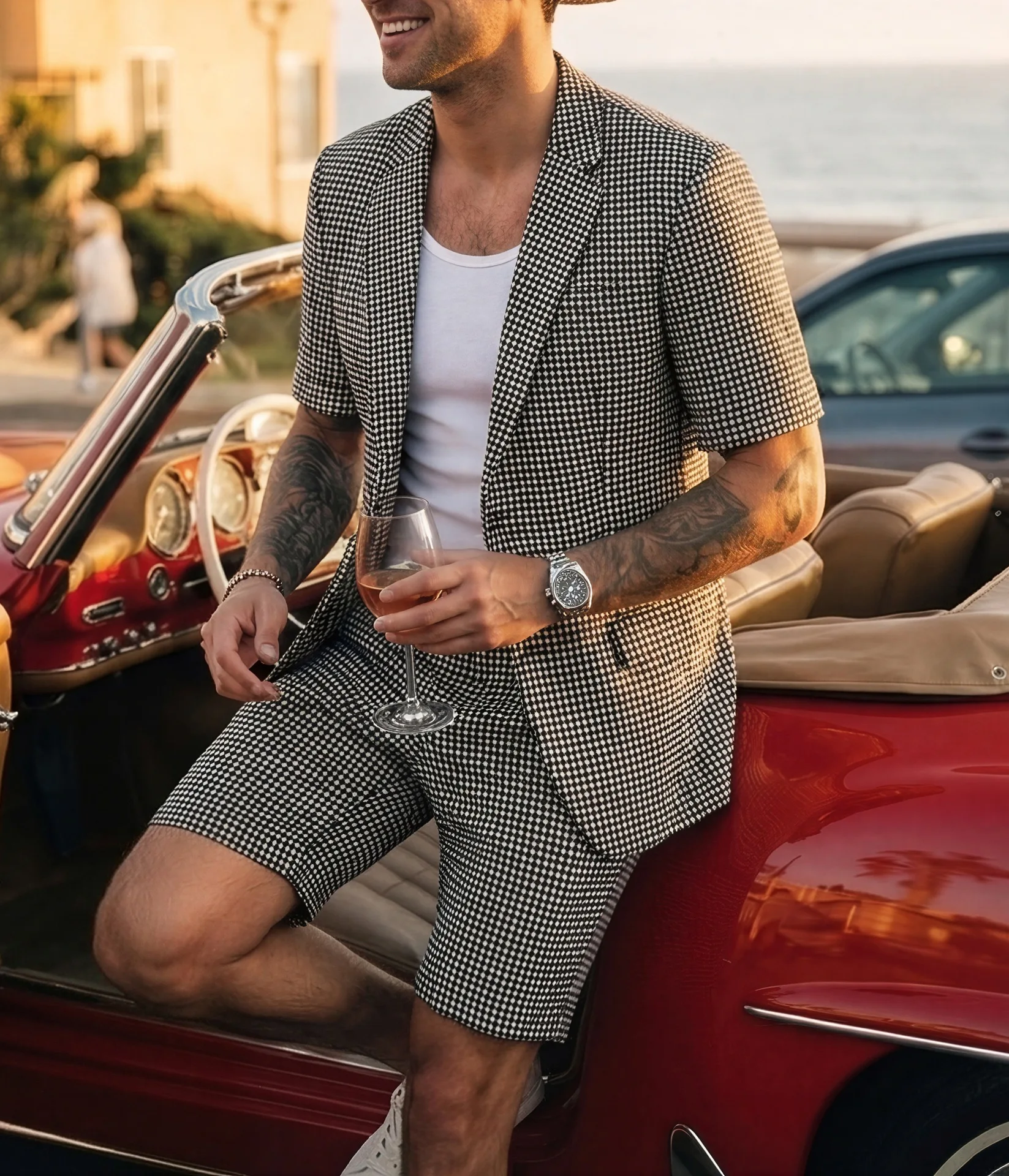 

Мужской короткий костюм-двойка для бизнеса, высококачественный, классический, в клетку, приталенный, для деловых встреч и повседневной носки