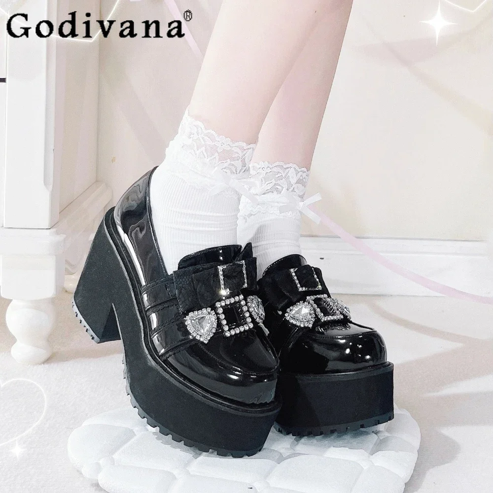 

Platform Shoes Subcultural Pointed Casual Black Leather Women's Shoes Jk Uniform High Heels