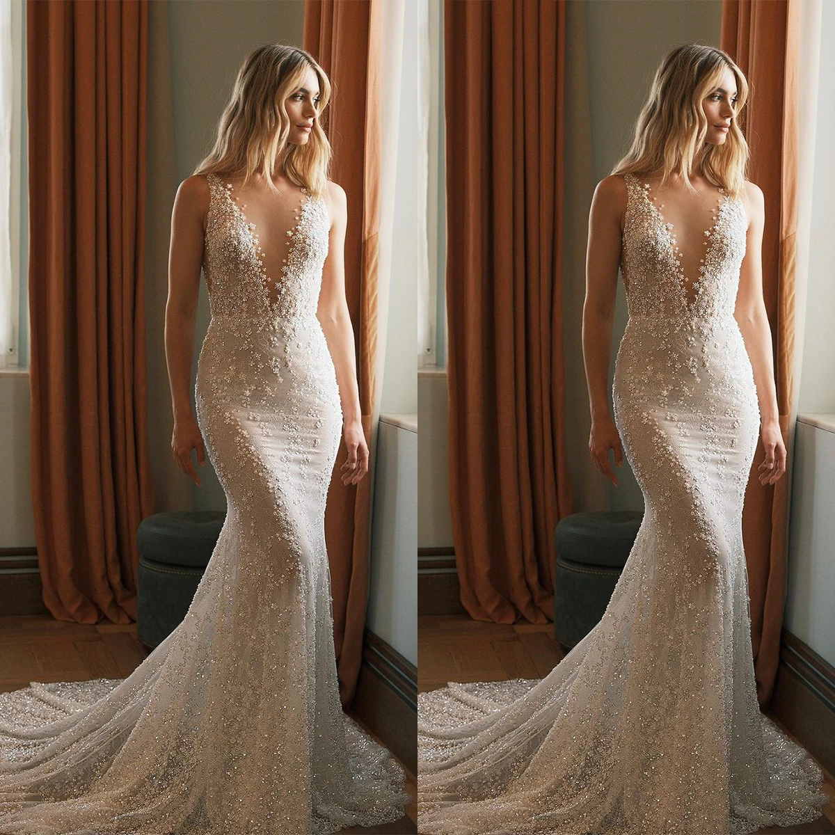 

Gorgeous Mermaid Wedding Dresses For Woman V-Neck Lace Applique Bridal Gown Sweep Train Robe De Mariée 2024 Custom Size