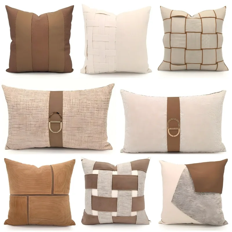 Simple Morden Coffee Color Cushion Cover Cotton Linen Pillowcase with Gold Buckle Throw Pillow Cover Sofa Decor