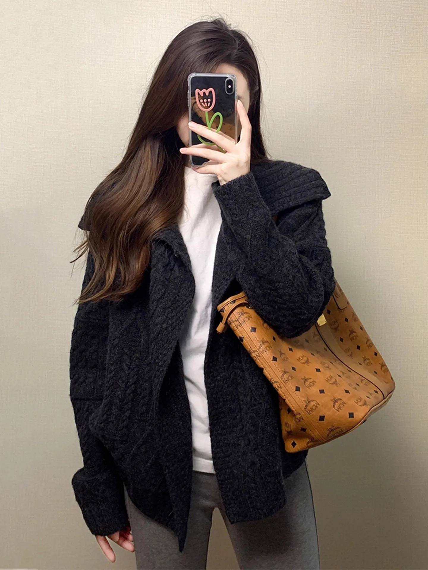 

Korean Sle Lazy Turn-down Collar Thiened Knitted Sweater Coat Women's Autumn Winter Loose Outerwear Twist Knit Open Cardi...