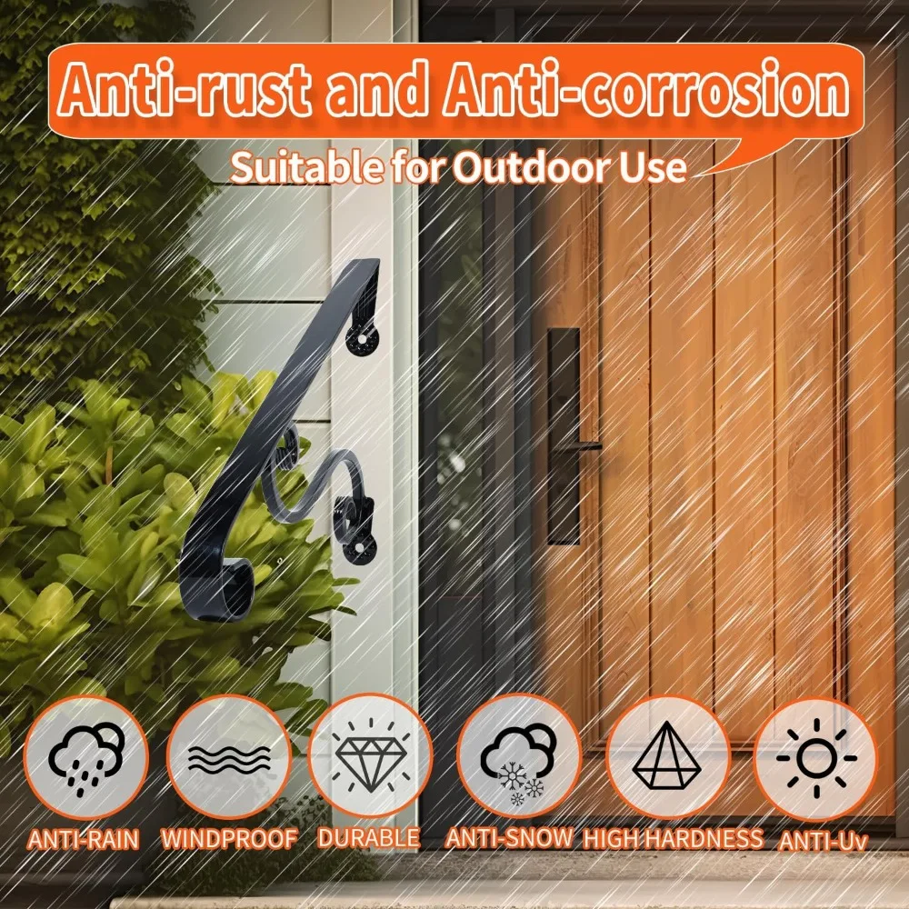 درابزين الشرفة المصنوعة من الحديد المطاوع لخطوات 1-2 - درابزين سلالم سوداء مع دعم واحد، مثالي للمدخلات الخارجية وآمن #4