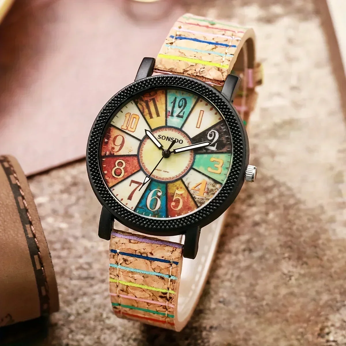 Ethnic Style Ladies Quartz Watch Colorful Cork Strap Matching Rainbow Tassel Bracelet Student Casual Jewelry Set - view 4