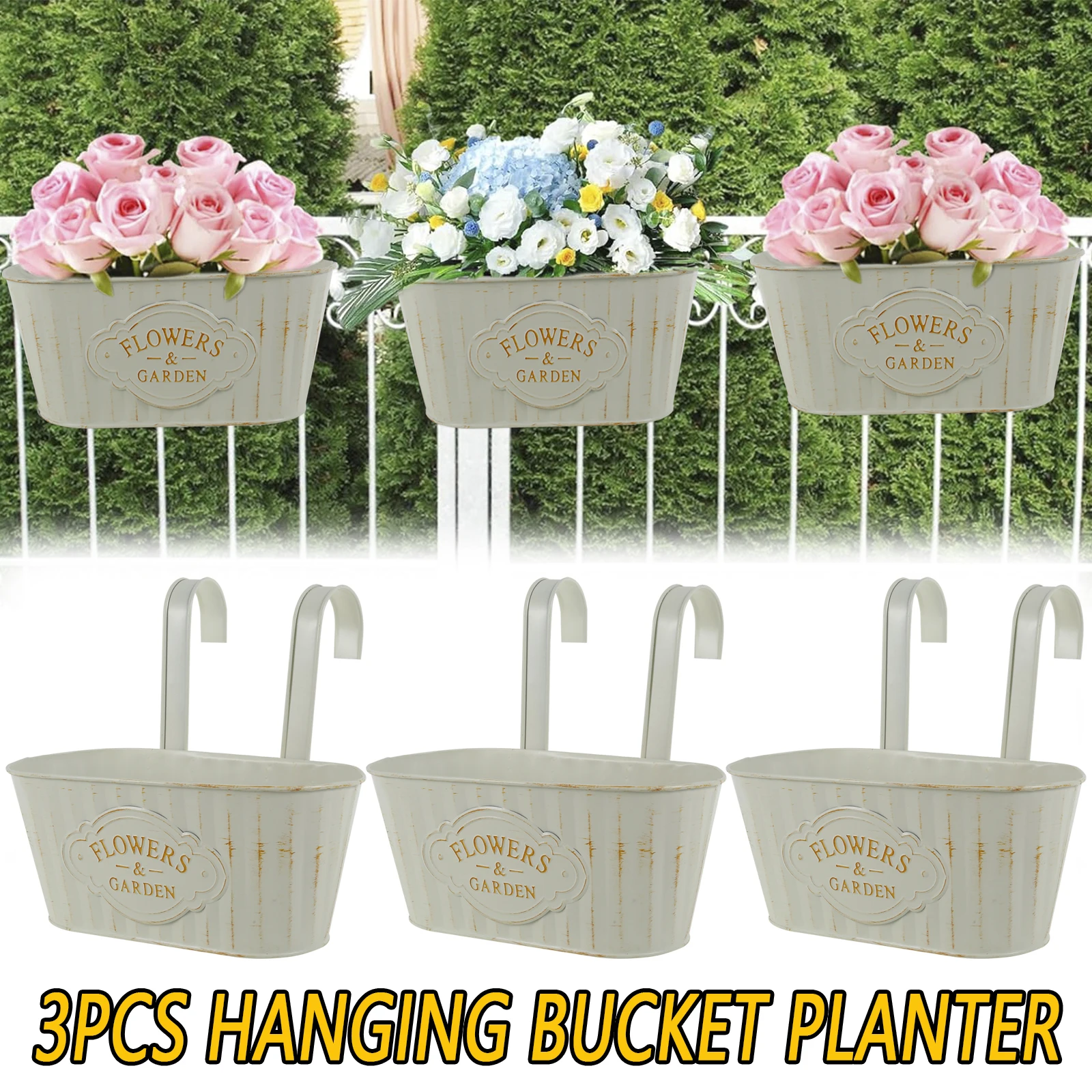 

3Pcs Hanging Flower Pot Holder Garden Patio Plant with Drainage Easy to Install Bucket Pots Rustproof Window Balcony Flower