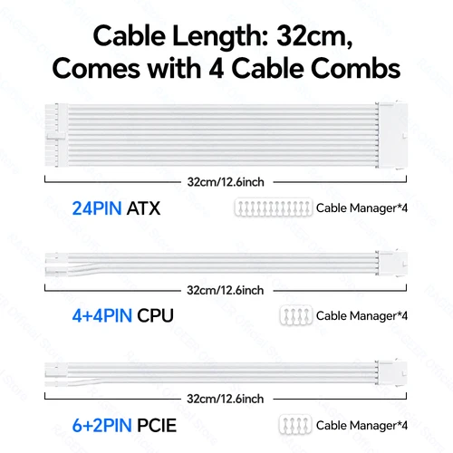 Imagen 2 del producto RAGEER PSU Kit de Cable de extensión Cable de placa base sólido ATX 24 pines GPU PCIe 6 + 2 pines 8 pines CPU EPS 4 + 4 pines 18AWG Cable de alimentación con peines