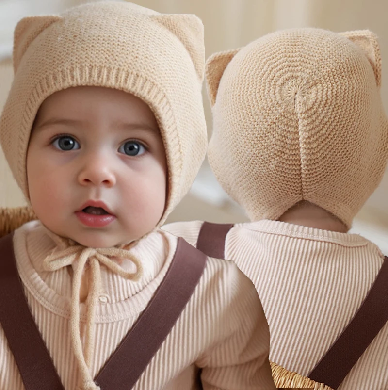 

2025 Baby Hat Thin Knitted Wool Ear Protector Hat for Infants and Young Children Hand Woven Newborn Autumn and Winter Baotou Hat