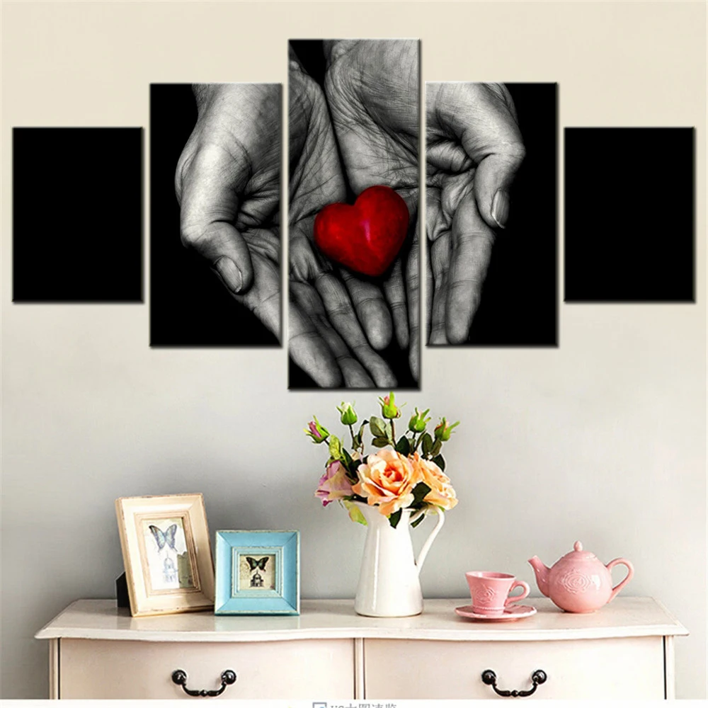 

5 Pieces Canvas Wall Arts Poster Painting Black Dark Red Heart Holding Hands Wallpaper Home Decor Picture Printing Interior Arts