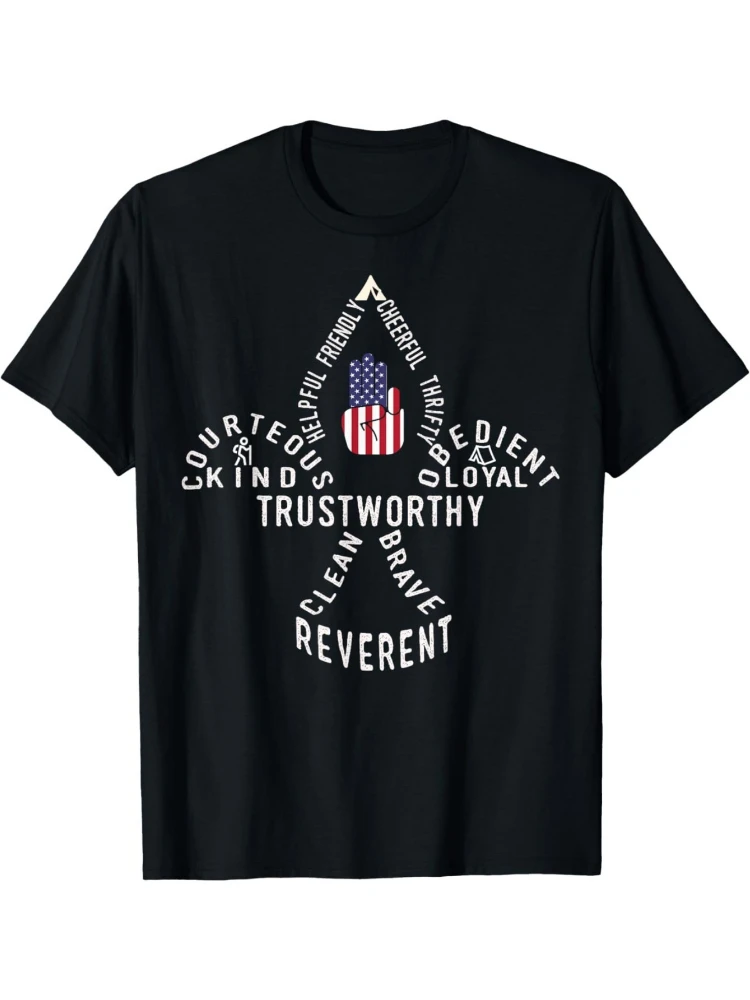 Scouting Law America Flag Graphic with Scout Values Text Design-100% cotton summer O-neck short sleeve printed men's T-shirt.