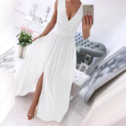 Kobiety plaża Sexy sukienka z dekoltem w serek lato 2024 Casual a-line Midi długie sukienki elegancka sukienka na formalne Vestidos De Fiesta