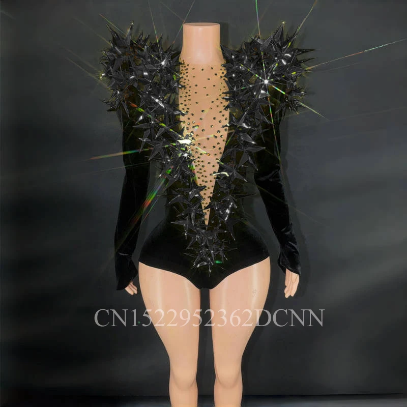 

Women Evening Party Club Gala Hosts NightClub Bar Stage Costumes 2025 New Shiny Black Rhinestone Velvet Long Sleeve Bodysuit