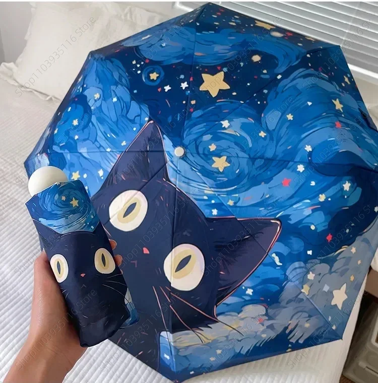 

Blue Star Black Cat Umbrella Animal Cartoon Full Automatic Oil Painting Sun Folding Umbrella for Women Strong Sunshade Umbrella