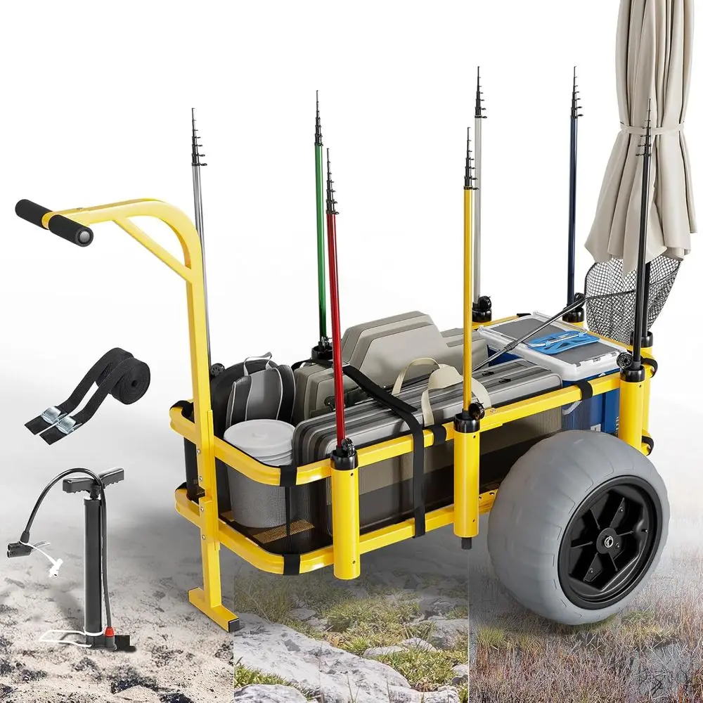 

Тележка для пляжной рыбалки, Пляжная тележка с большими колесами для песка 16 дюймов, Складной прицеп с большой грузовой палубой, 400 фунтов Lo