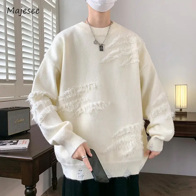 

Sweaters Men Frayed Raw Edge Long Sleeve All-match Personality Slouchy Japanese Style Males Knitwear High Street Vintage Autumn