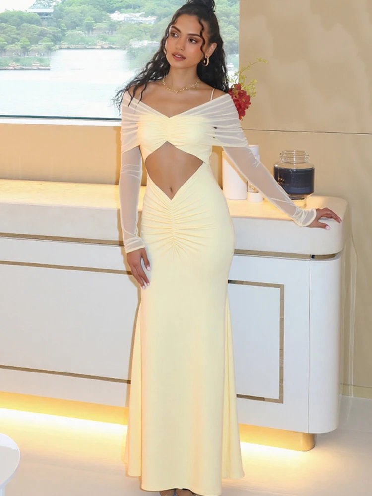 Cutenew maille Patchwork femmes Maxi robes Sexy chaud voir à travers manches longues Slash cou découpé robe Mujer vacances nouveaux robes