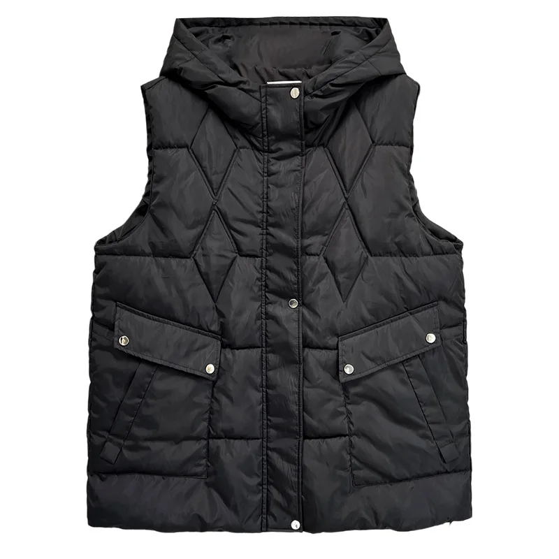 Plus Size Women Winter Parka Loose Thickening Hooded Cotton-Padded Warm Sleeveless Vest 2427