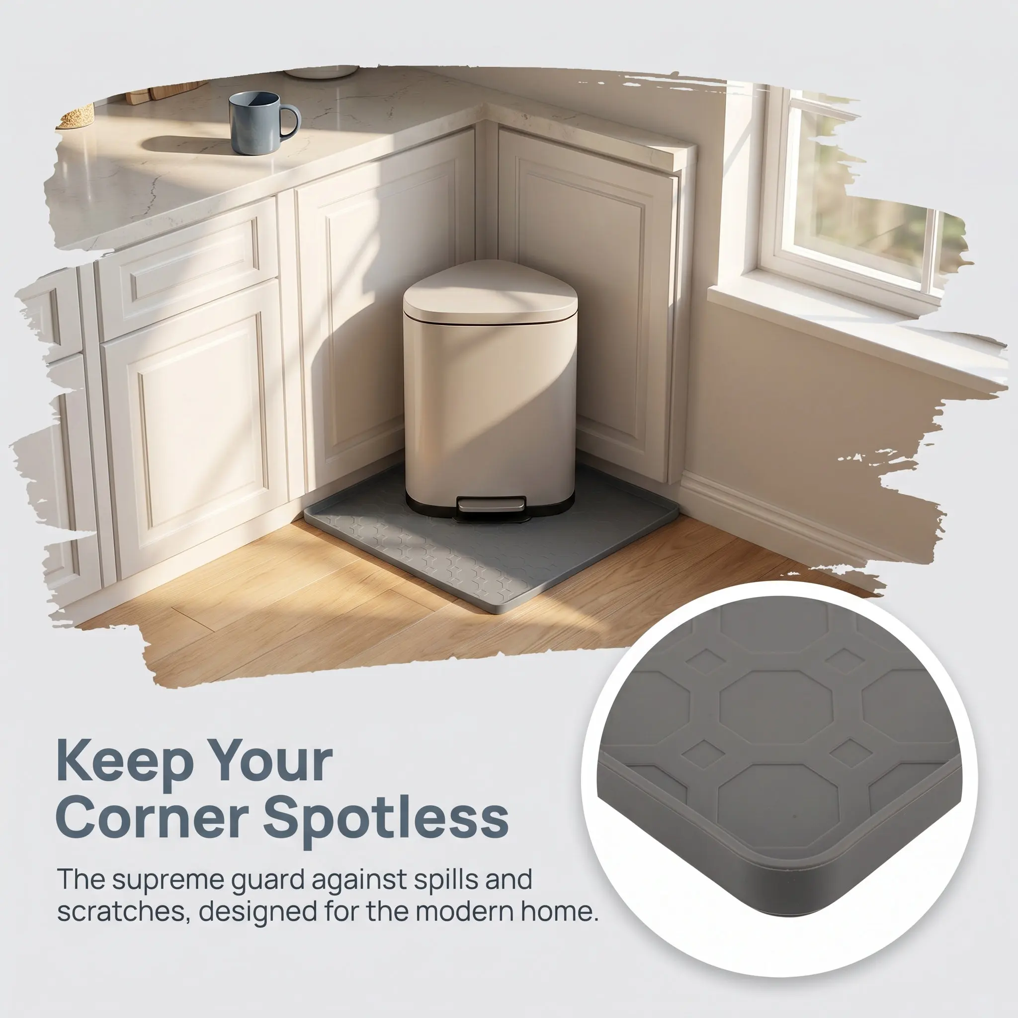 Cornerfit Grey Trash Can Mat Silicone Raised Edge Non Slip Waterproof Kitchen Floor Protector Under Garbage Can Tray