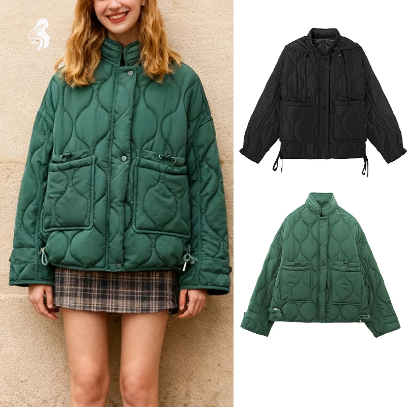 

Женская одежда, стеганая куртка с волнистыми воротниками и карманами на шнурке, свободное короткое теплое хлопковое пальто на осень и зиму