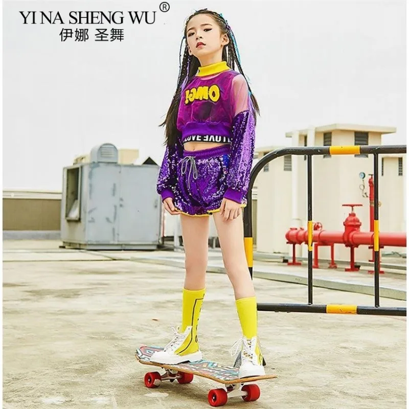 

Комплект из 3 предметов, костюм для джазовых танцев для девочек, детский наряд в стиле хип-хоп, топ с блестками и шорты, одежда для уличных танцев, одежда для выступлений на сцене