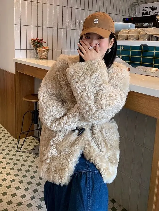 Korean Horn Buckle Lamb Wool Coat Women's Winter Plus Wool Thickened Fur One Coat Furry Coat