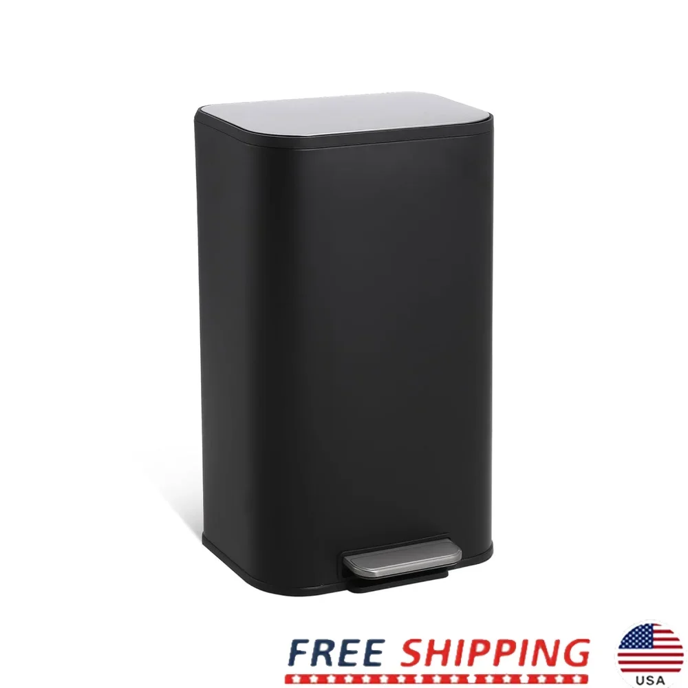 

Stainless Steel 8 Gallon Trash Can Step-On Pedal Garbage Bin Quiet Close Lid Indoor Use Rectangular Waste Container