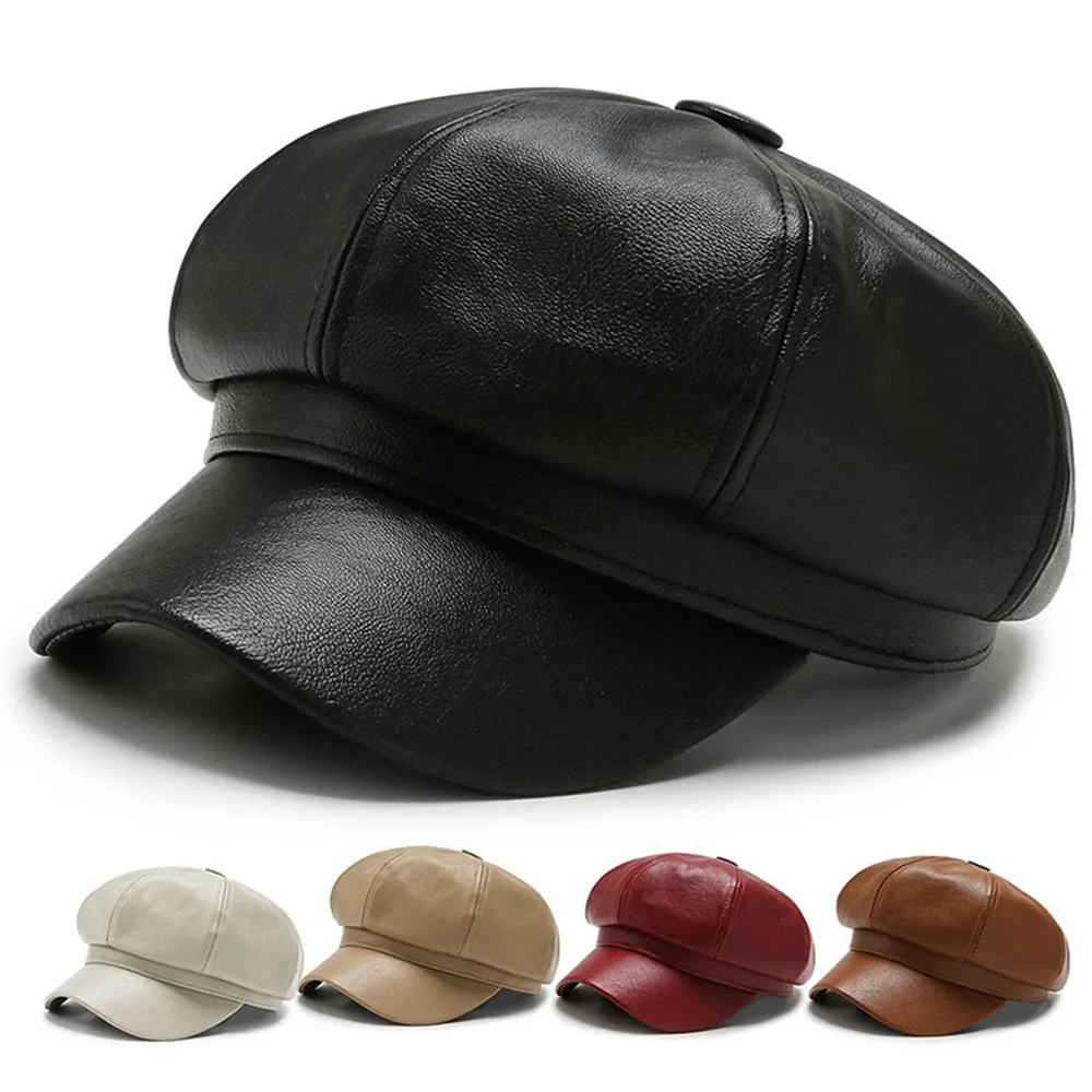 Female PU Leather Cap Women Beret Octagonal Cap Lady Casual  Newsboy Hat Outdoor Sun Hat Autumn Winter Retro British Beret Hats