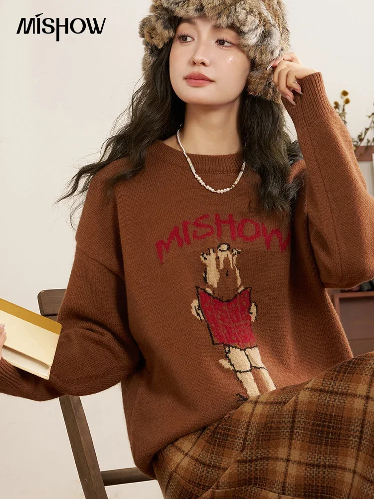 MISHOW Letter Graphic Sweater Women 2024 Autumn Winter Fashion Knitted Loose Pullovers Round Neck Lazy Jumpers Tops MXC53Z0244