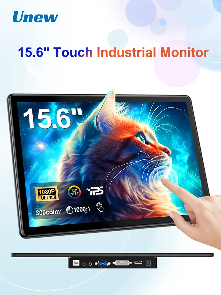 Unew 15,6 Zoll Touchscreen 1080P IPS Bildschirm Lautsprecher Industrie mit 75*75 VESA HDMI DVI VGA für Raspberry Pi Laptop PC Telefon