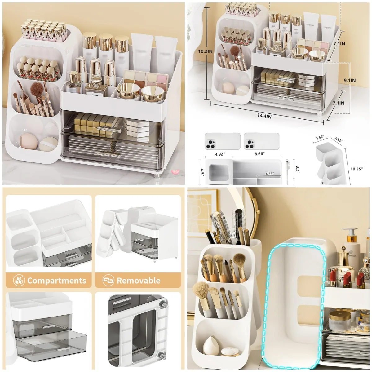 

Makeup Organizer with Drawers, Large Storage Box for Vanity, Desk, Kitchen (White)