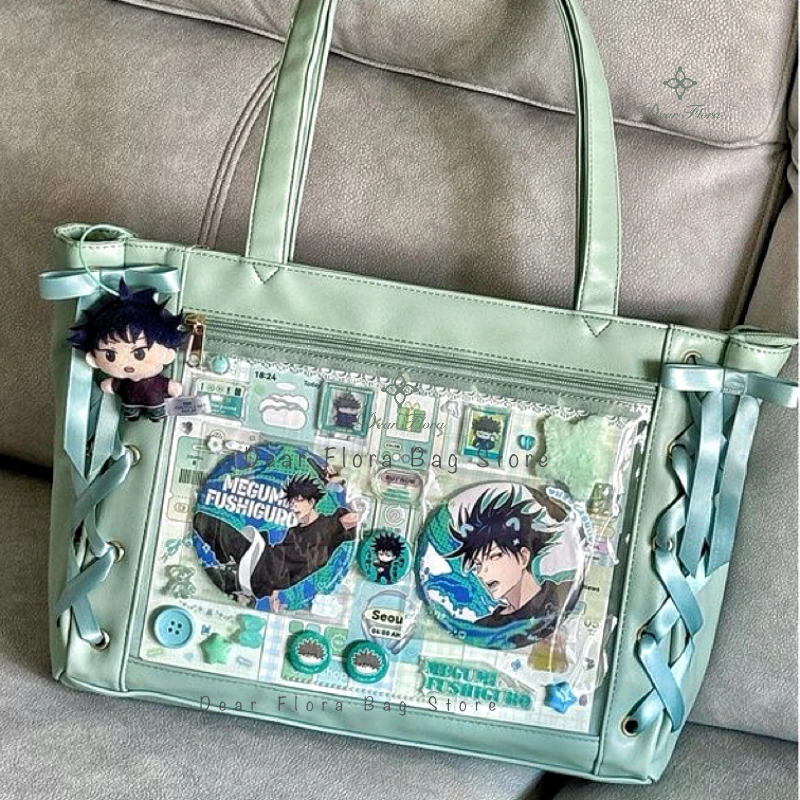 Bolsa Lolita com fita para mulheres sacola de grande capacidade bolsa de ombro estética bolsas transparentes, moda japonesa, mulheres doces, fofas