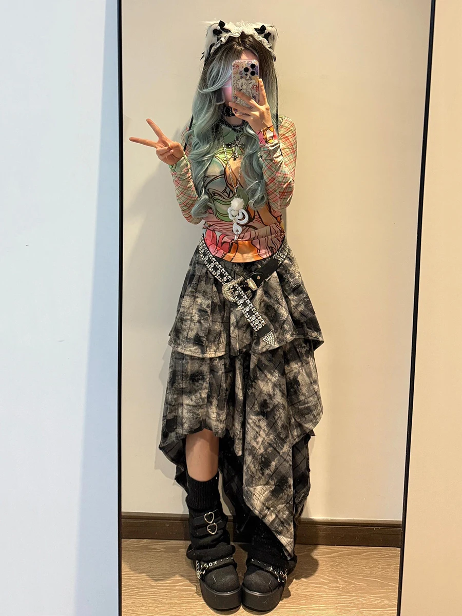 ReddaChic Punk Retro Tartan Taart Rok Plaid Tie Dye Elastische Taille Tiered Ruffle Onregelmatige Lange Rok Vrouwen Harajuku Streetwear