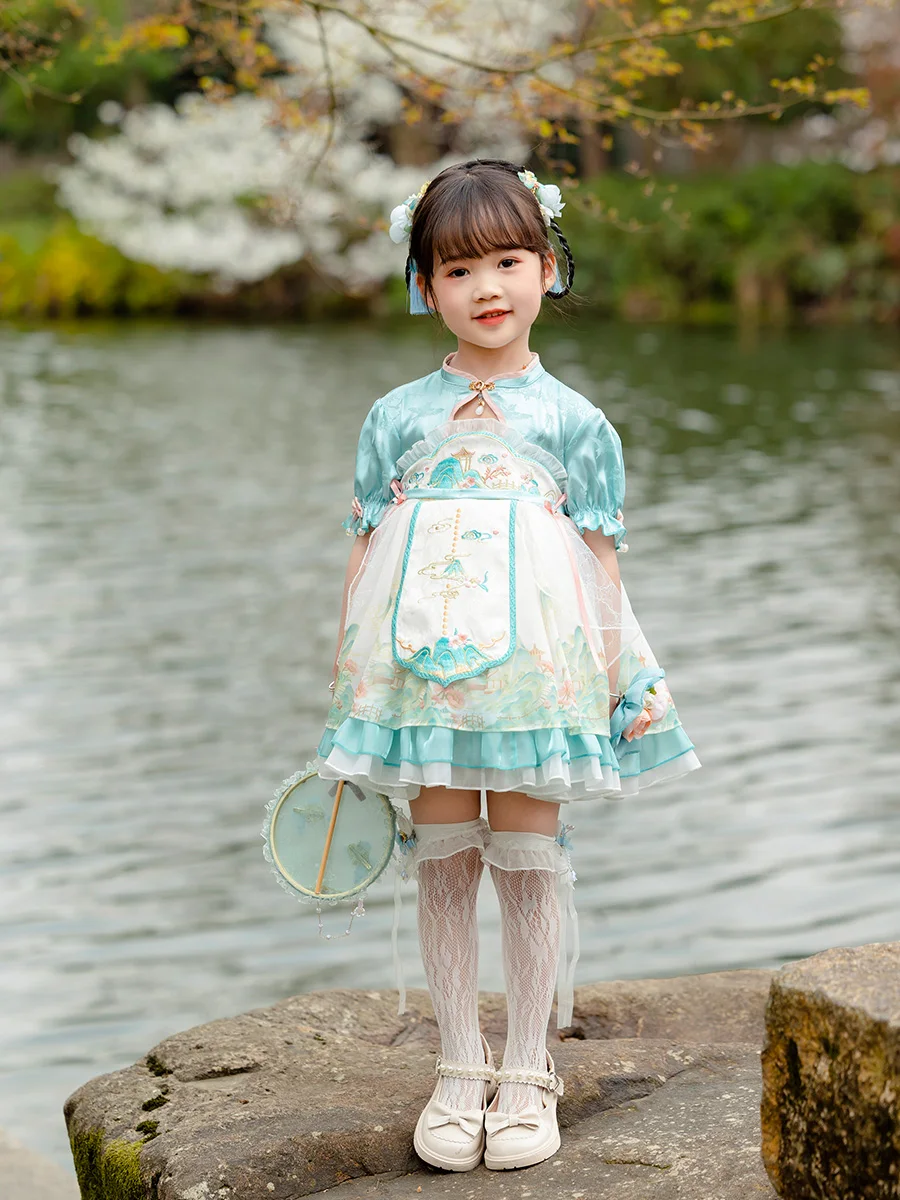 Qianli Jiangshan Hanfu ชุดฤดูร้อนของเด็กผู้หญิงชุดเดรสโลลิต้าชุดเดรสชุดจีนสไตล์จีน