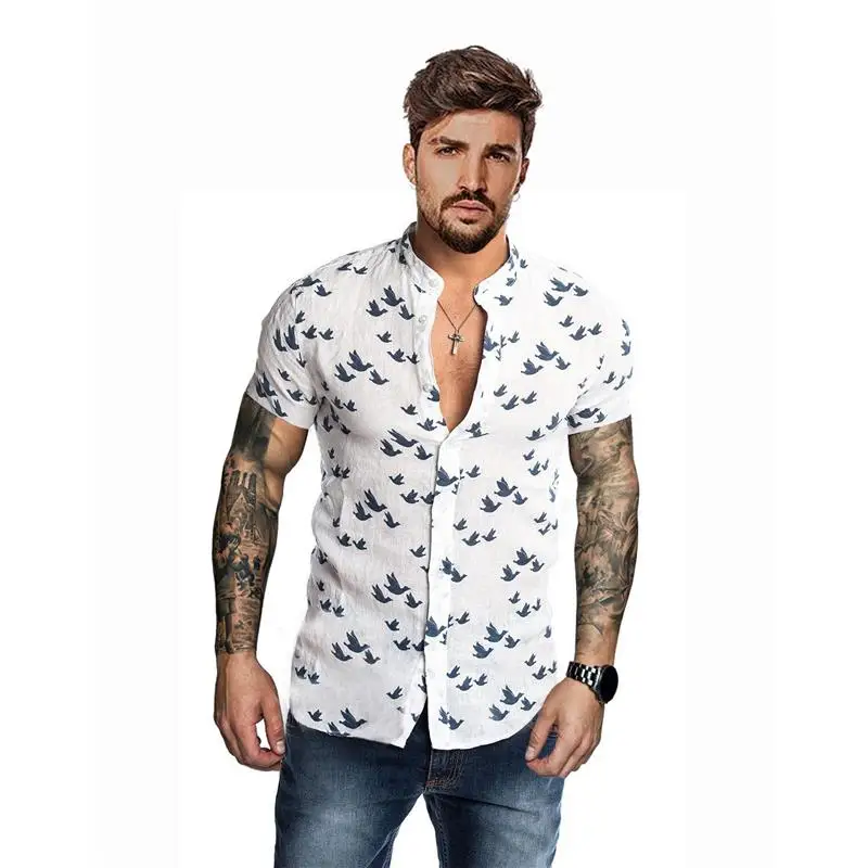 

Summer Men's Casual Shirt Linen Standup Collar Short Sleeve Striped Pattern Loose Fit Autumn Thickened Fleece Chinese Brand