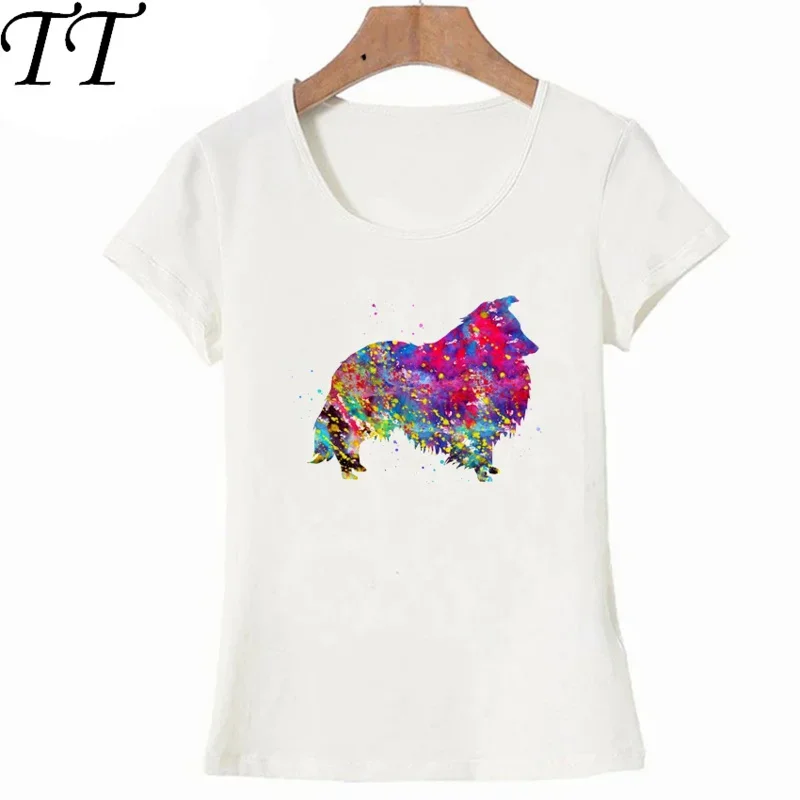 Women's Sheepdog T-shirt, I Love my friends Shetland, Colorful Dog Art T-shirt, Female Casual Tops, Fashion Girl Tee