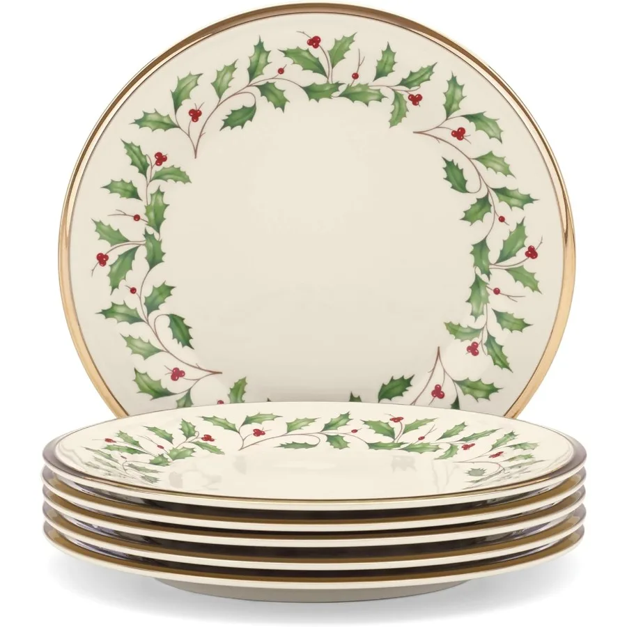 

Holiday 6Piece Salad Plates Dinnerware Set Service For 6 Porcelain Dishwasher Safe Round Plates Set Ivory Red and Green Perfect