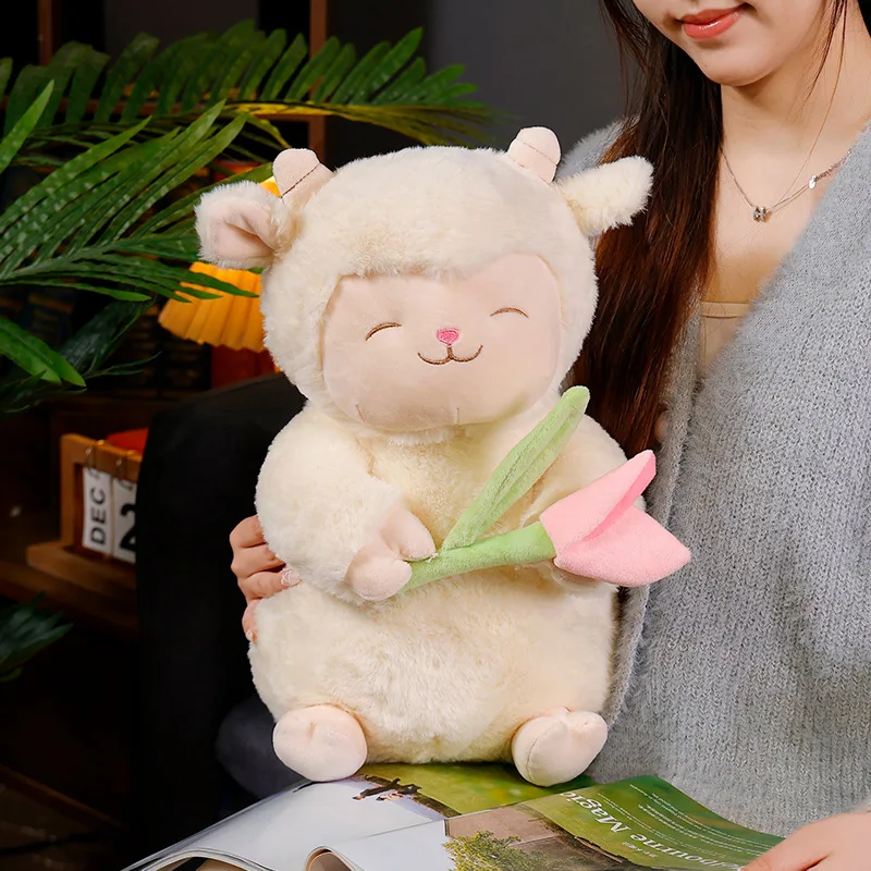 Nice Kawaii Sweet White Sheep Lam Hold Tulip Flower Plush Doll Soft Stuffed Lamb With Plushie Toy Cute Gift For Kid Birthday