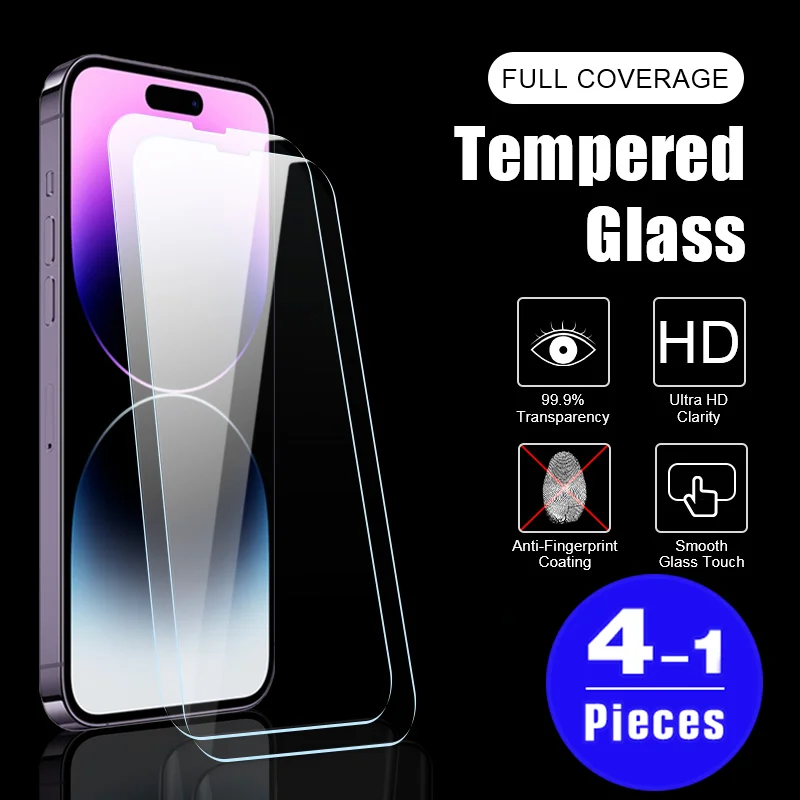 1-4 buah 9H film pelindung layar ponsel, lapisan pelindung layar ponsel kaca Tempered untuk iphone 15 Pro Max 11 12 Pro 13 Mini 14 Plus X XS max XR