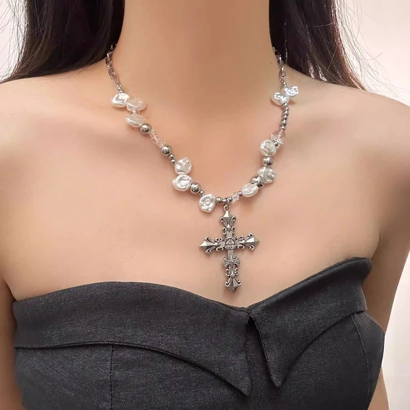 

KAKU girl Store Vintage punk style faux pearl cross pendant necklace beautiful gift for women