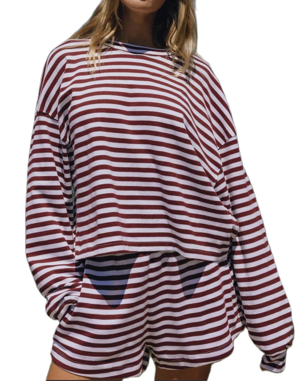 

Women 2 Piece Striped Shorts Set Casual Long Sleeve Tops and Elastic Waist Shorts for Spring Fall