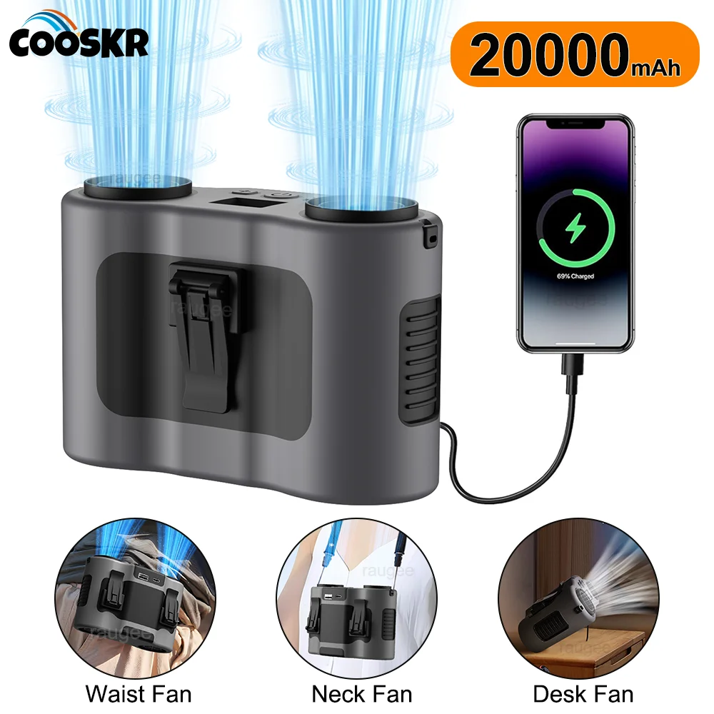 20000mAh Waist Clip Fan Portable Mini Hanging Neck Fan Rechargeable Outdoor Camping Waist Fan 5 Speed with PowerBank LED Display