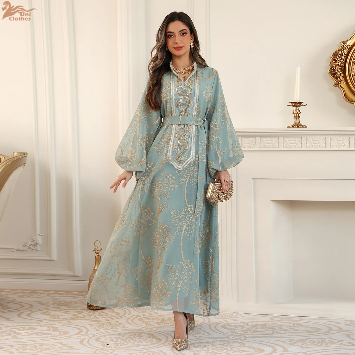 

Роскошное мусульманское платье-абайя с цветочной вышивкой и бисером для женщин, с пышными рукавами, для вечеринок, в стиле Дубай, элегантный свободный кафтан, платья-вестидос