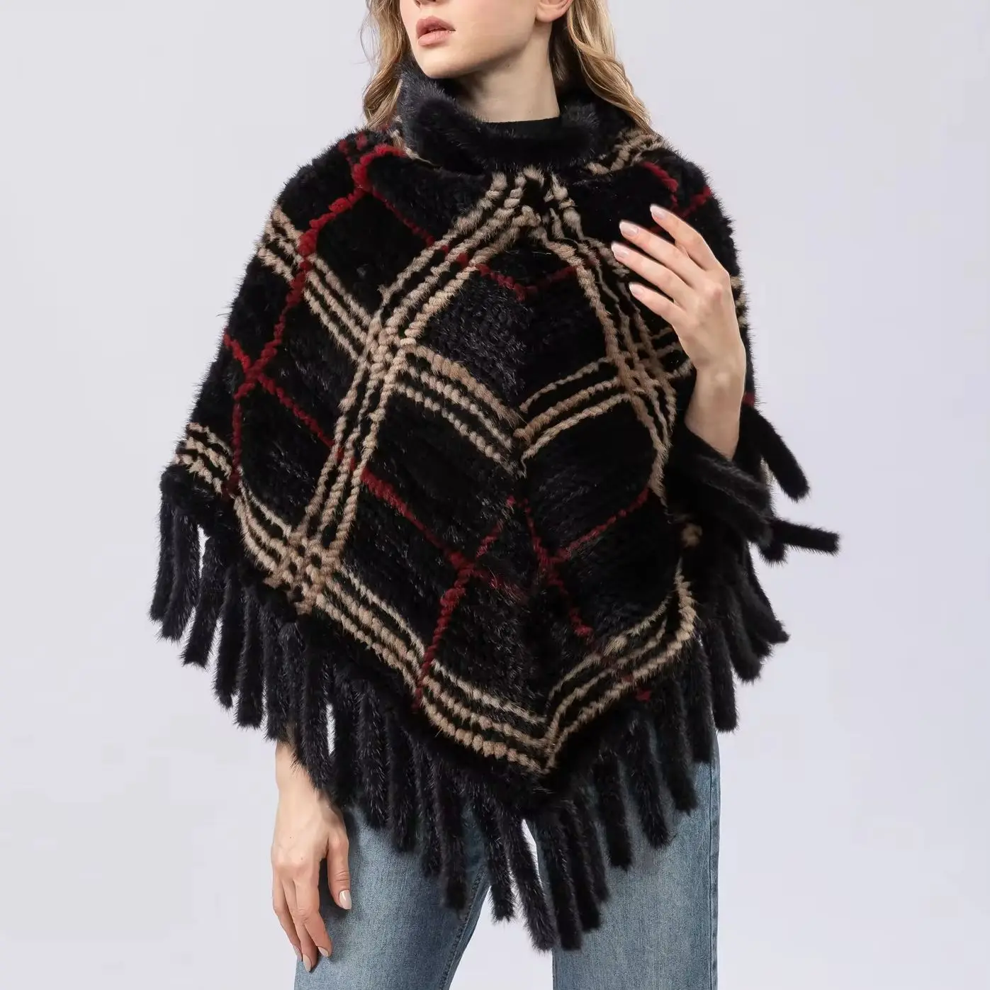 Natural Mink Fur Knitting Poncho Sweater with Tassels, Pullover plaids, Luxurious  B230411