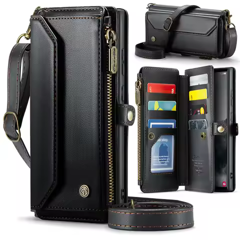 Lanyard Leather Zip Wallet Card Phone Case For Samsung Galaxy S24 S23 S22 S25 Ultra Plus S21 S20 S25 S24 S23 FE Crossbody Cover