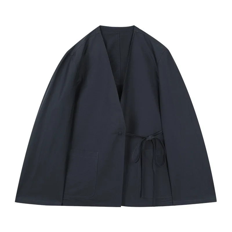 BJTZ Simple Vintage V-neck Lace-up Waist Summer Jacket For Women 2025 Loose Casual Versatile Female Clothing Tops