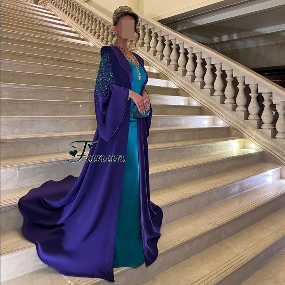 Customized Jiayigong Sparkly Cyan Satin Strapless Evening Dresses Simple With Women Cape Crystal Sheath Floor Length Formal Part