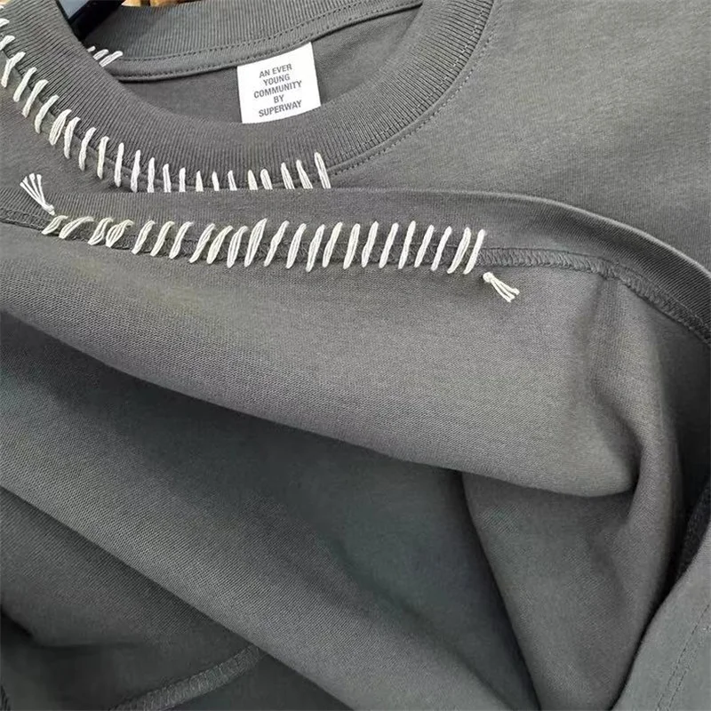 Spring Summer 26SS New Solid Color Hand-Stitched T-Shirt Vintage Washed Gray Men Women Oversized Cotton Tops T Shirt