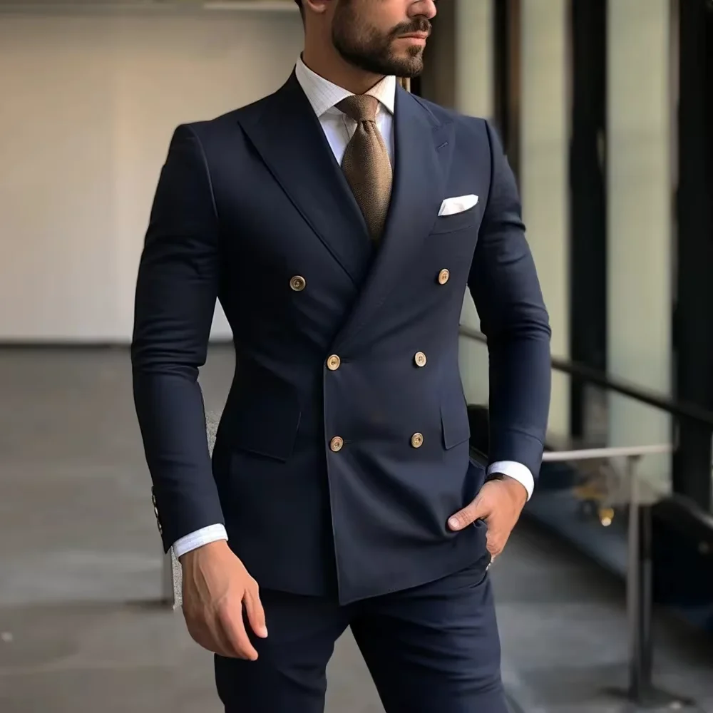 

New Formal Mens Suit 2 Pieces Wedding Groom Prom Blazer Double Breasted Terno Masculino Business Peaked Lapel Jakcet+Pant