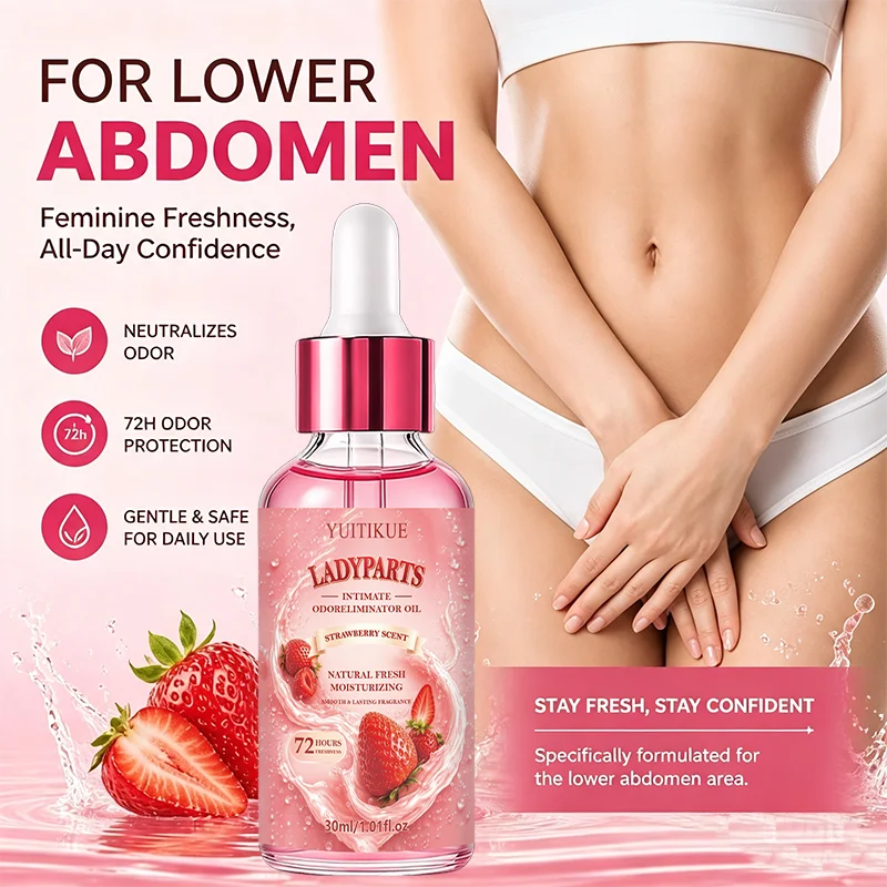 YUITIKUE Intimate Odor Eliminator Oil 30ml, Strawberry Scent Feminine Deodorant Essence 72H Fresh For Private Parts