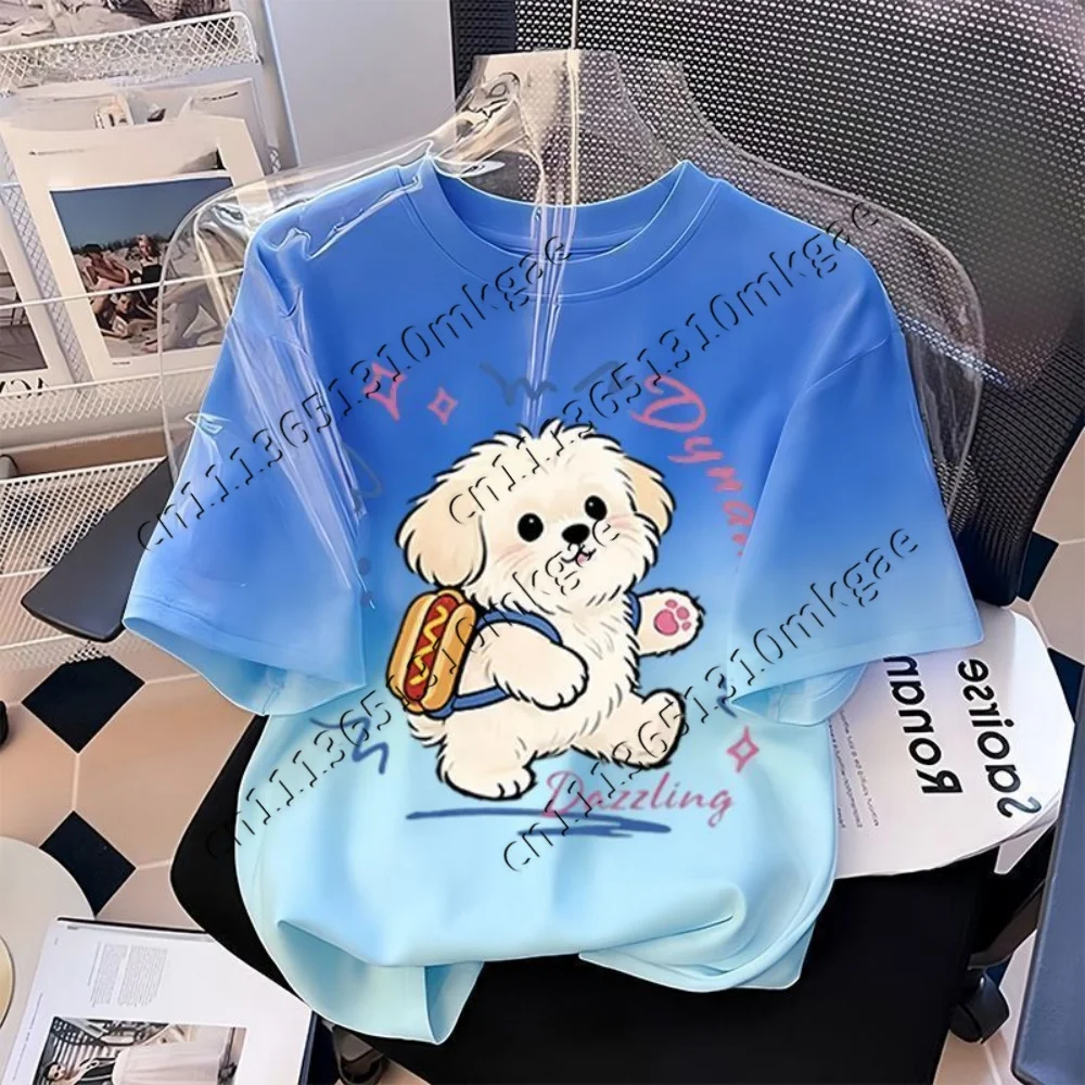 2026 Summer Women T Shirt Cute Fluffy Puppy With Hot Dog Casual Loose Soft Short Sleeve Kawaii Streetwear Ladies Kids Daily Tops