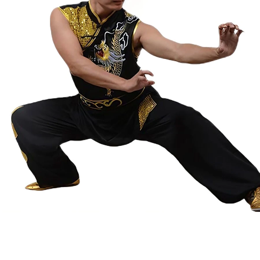 Sleeveless Dragon Embroidery Wushu Uniform Traditional Chinese Martial Arts Training Suit for Men Comfortable Performance Outfit