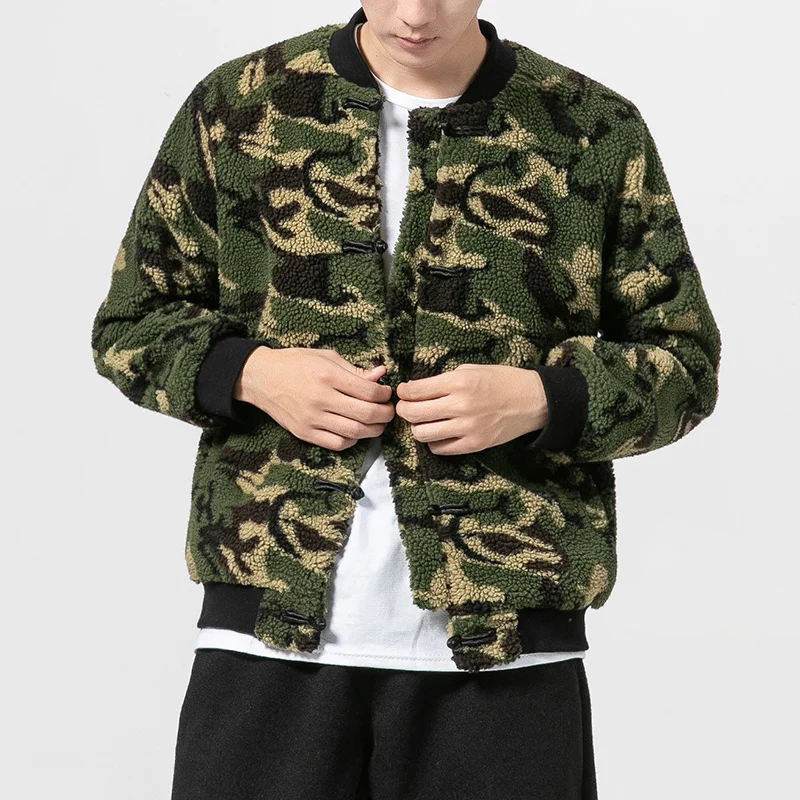 Chinese Style Plus Size Camouflage Fleece Jacket Winter Fashion Parkas Men Clothing Ethnic Style Retro Lamb Wool Coat Harajuku